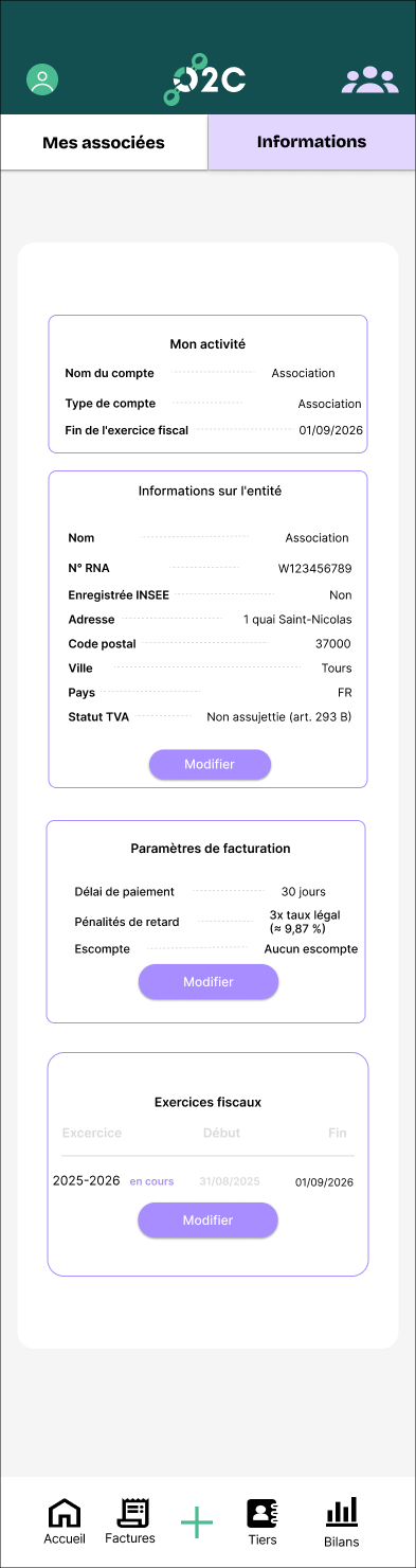Mon association — informations & paramètres de facturation